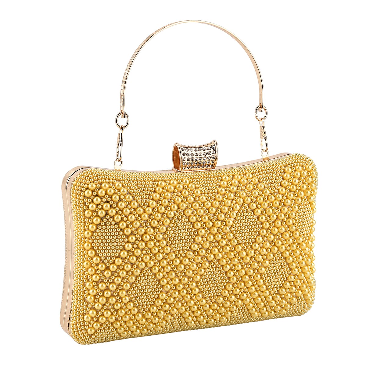 La Marey Golden Pearl Diamond Pattern Crystal Crossbody Bag with Chain Strap image number 3