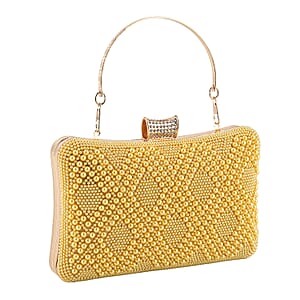La Marey Golden Pearl Diamond Pattern Crystal Crossbody Bag with Chain Strap