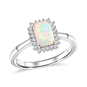D'Joy Premium Ethiopian Welo Opal and Moissanite 0.75 ctw Ring in Rhodium Over Sterling Silver (Size 7.0)
