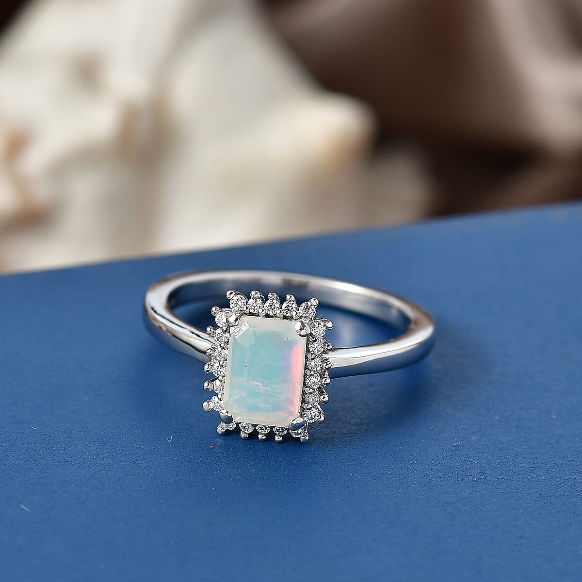 D'Joy Premium Ethiopian Welo Opal and Moissanite 0.75 ctw Ring in Rhodium Over Sterling Silver (Size 7.0) image number 1