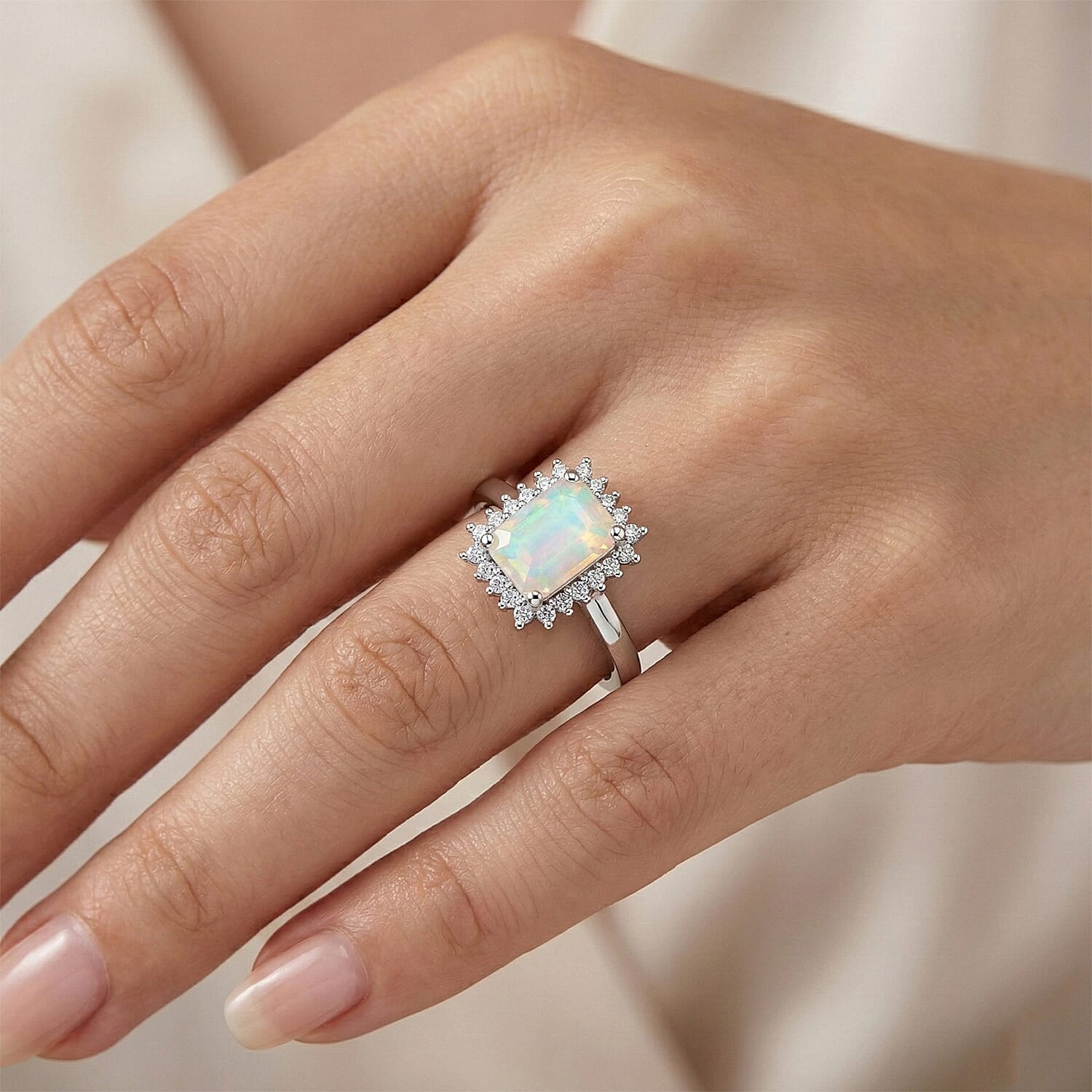 D'Joy Premium Ethiopian Welo Opal and Moissanite 0.75 ctw Prism Halo Ring in Rhodium Over Sterling Silver (Size 8.0)