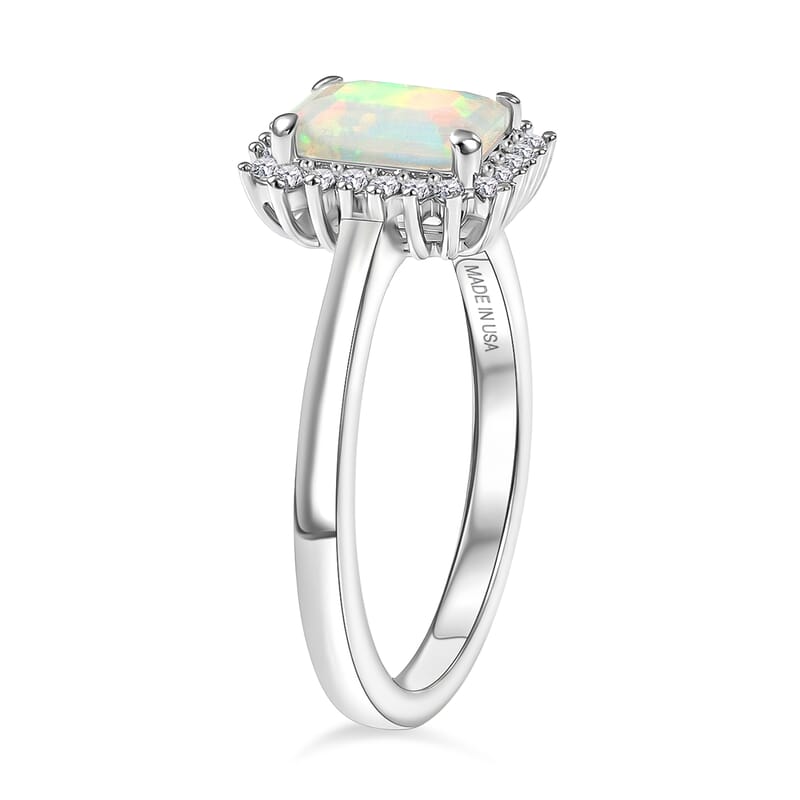 D'Joy Premium Ethiopian Welo Opal and Moissanite 0.75 ctw Prism Halo Ring in Rhodium Over Sterling Silver (Size 8.0)
