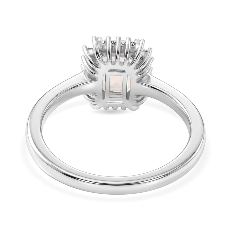 D'Joy Premium Ethiopian Welo Opal and Moissanite 0.75 ctw Prism Halo Ring in Rhodium Over Sterling Silver (Size 8.0)
