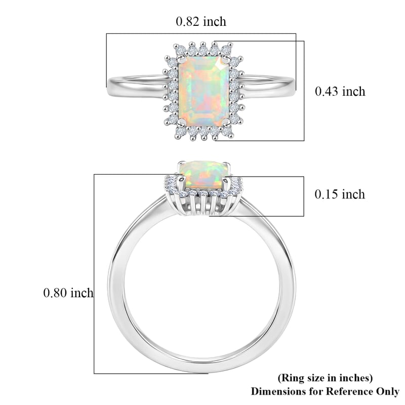 D'Joy Premium Ethiopian Welo Opal and Moissanite 0.75 ctw Prism Halo Ring in Rhodium Over Sterling Silver (Size 8.0)
