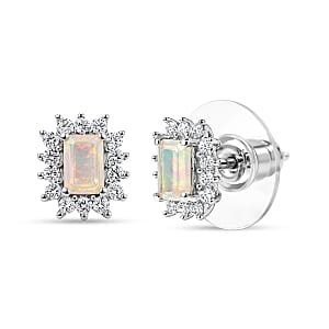D'Joy Premium Ethiopian Welo Opal and Moissanite 0.70 ctw Earrings in Rhodium Over Sterling Silver