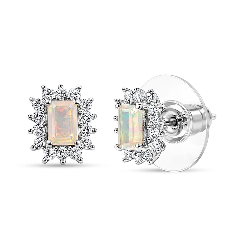 D'Joy Premium Ethiopian Welo Opal and Moissanite 0.70 ctw Prism Halo Earrings in Rhodium Over Sterling Silver
