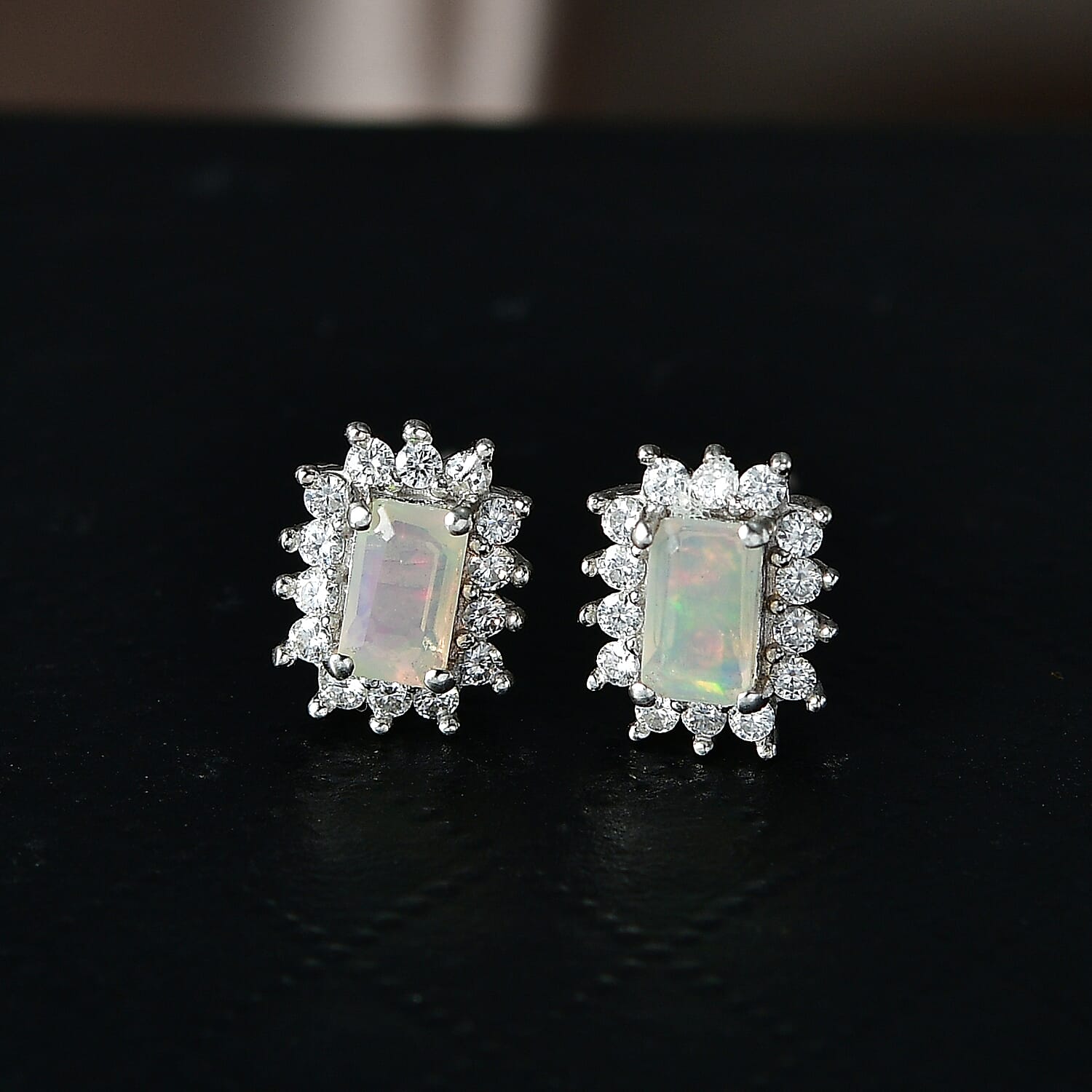 D'Joy Premium Ethiopian Welo Opal and Moissanite 0.70 ctw Prism Halo Earrings in Rhodium Over Sterling Silver