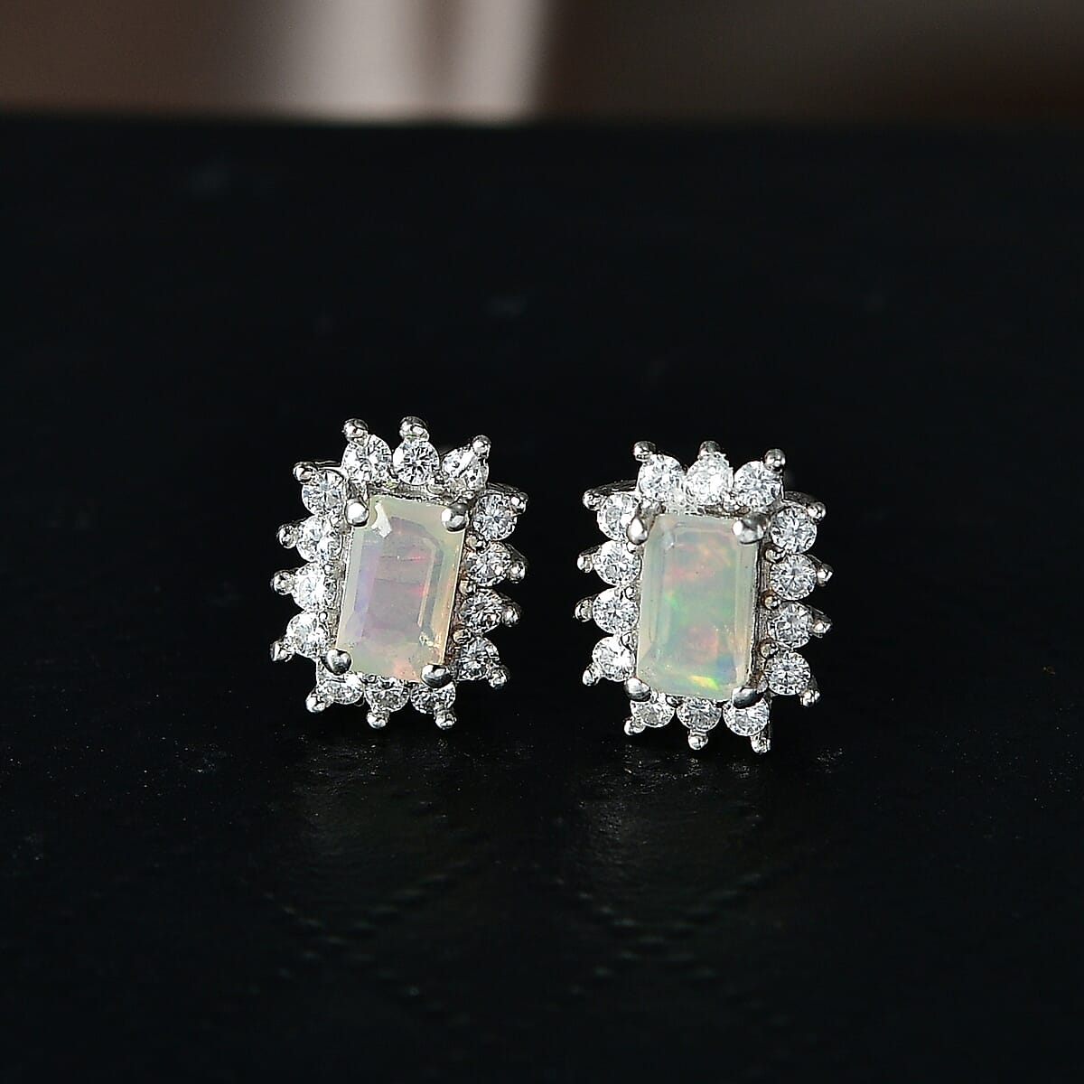 D'Joy Premium Ethiopian Welo Opal and Moissanite 0.70 ctw Earrings in Rhodium Over Sterling Silver image number 1