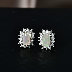 D'Joy Premium Ethiopian Welo Opal and Moissanite 0.70 ctw Earrings in Rhodium Over Sterling Silver