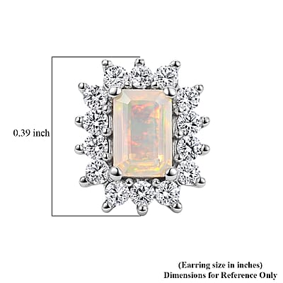D'Joy Premium Ethiopian Welo Opal and Moissanite 0.70 ctw Prism Halo Earrings in Rhodium Over Sterling Silver