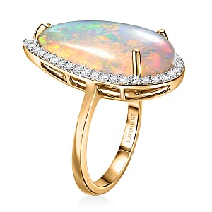 Premium Ethiopian Welo Opal and Luxuriant Lab Grown Diamond G-H SI 5.80 ctw Prism Flame Ring in 10K Yellow Gold (Size 6.0) 4.03 Grams