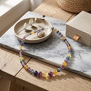 D'Joy Multi Fluorite 490.00 ctw Beaded Necklace (20 Inches) in Rhodium Over Sterling Silver