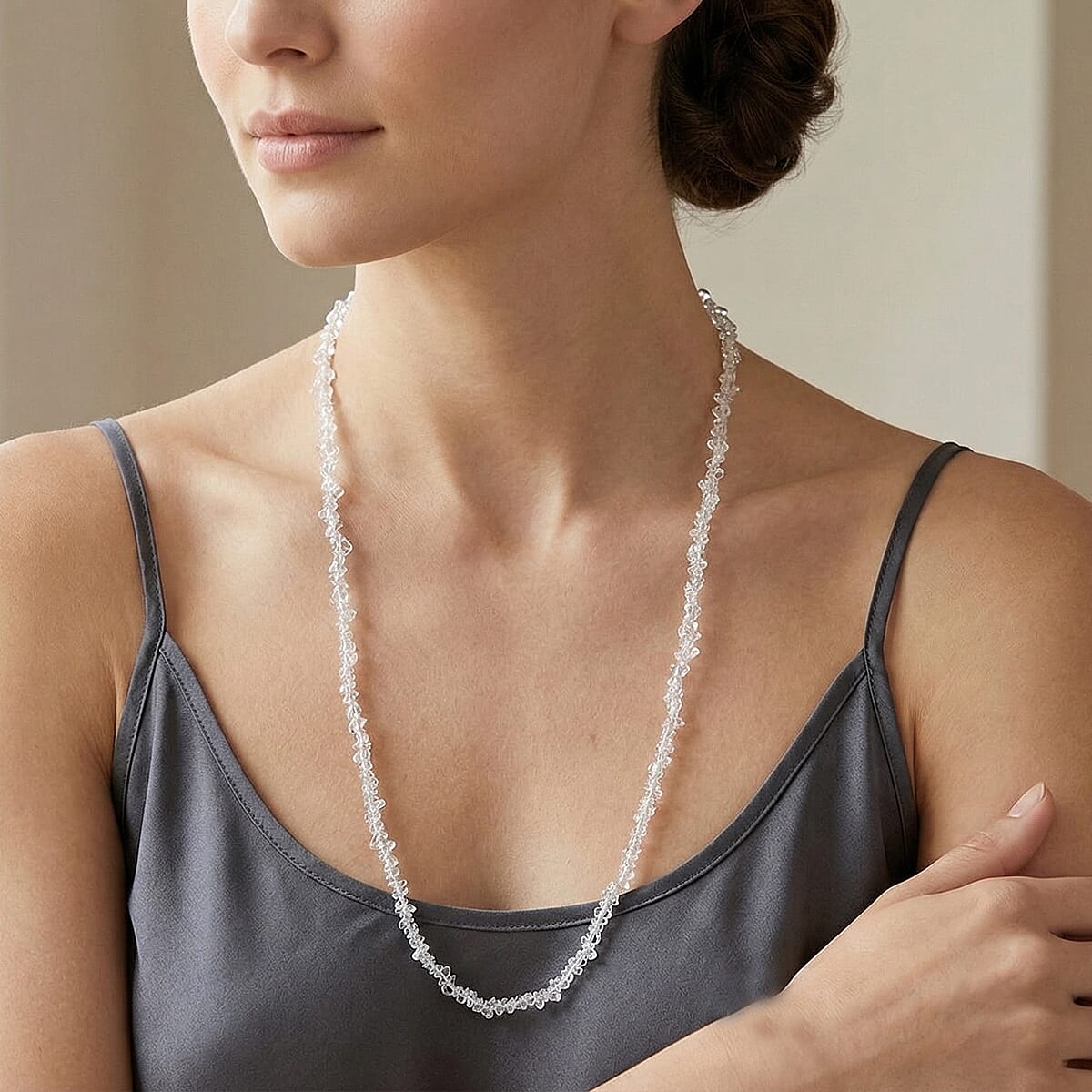 D'Joy American Herkimar Quartz 76.50 ctw Beaded Necklace in Rhodium Over Sterling Silver (24 Inches) image number 3
