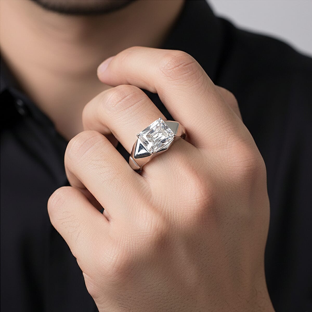 EverTrue White Topaz 4.50 ctw Dynasty Prism Men's Ring in Platinum Bond (Size 10.0) image number 2