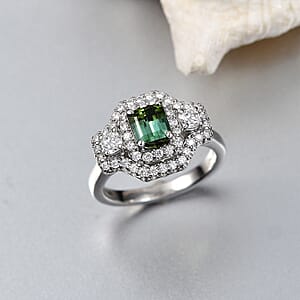 Certified & Appraised D'Joy Pirineu Lagoon Tourmaline and Moissanite 1.40 ctw Ring in Rhodium Over Sterling Silver (Size 10.0)