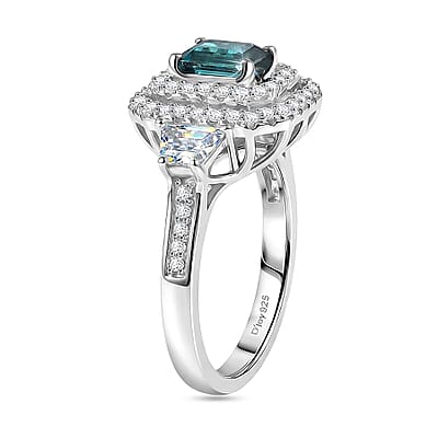 Certified & Appraised D'Joy Pirineu Lagoon Tourmaline, Moissanite Ring in Rhodium Over Sterling Silver (Size 5.0) 1.85 ctw