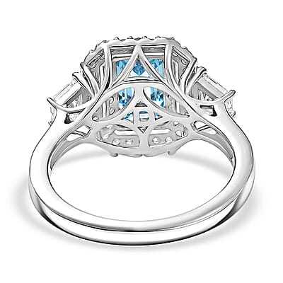 Certified & Appraised D'Joy Pirineu Lagoon Tourmaline, Moissanite Ring in Rhodium Over Sterling Silver (Size 5.0) 1.85 ctw