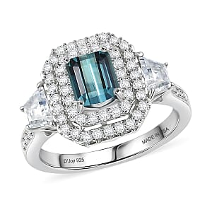 Certified & Appraised D'Joy Pirineu Lagoon Tourmaline and Moissanite 1.85 ctw Ring in Rhodium Over Sterling Silver (Size 6.0)