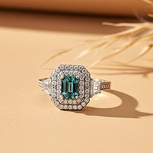 Certified & Appraised D'Joy Pirineu Lagoon Tourmaline and Moissanite 1.85 ctw Ring in Rhodium Over Sterling Silver (Size 6.0)