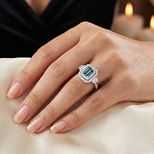 Certified & Appraised D'Joy Pirineu Lagoon Tourmaline and Moissanite 1.85 ctw Ring in Rhodium Over Sterling Silver (Size 7.0)