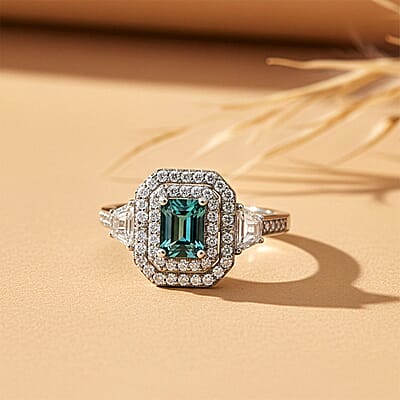 Certified & Appraised D'Joy Pirineu Lagoon Tourmaline and Moissanite 1.85 ctw Ring in Rhodium Over Sterling Silver (Size 8.0)