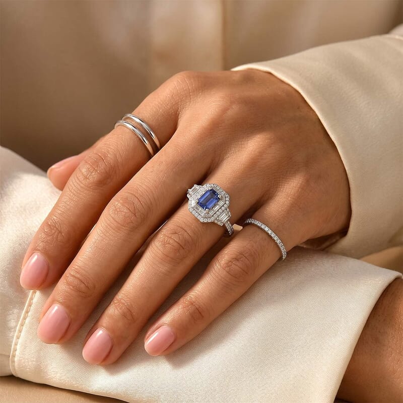 D'Joy Premium Tanzanite and Moissanite 1.80 ctw Octagon Doorway Ring in Rhodium Over Sterling Silver (Size 10.0)
