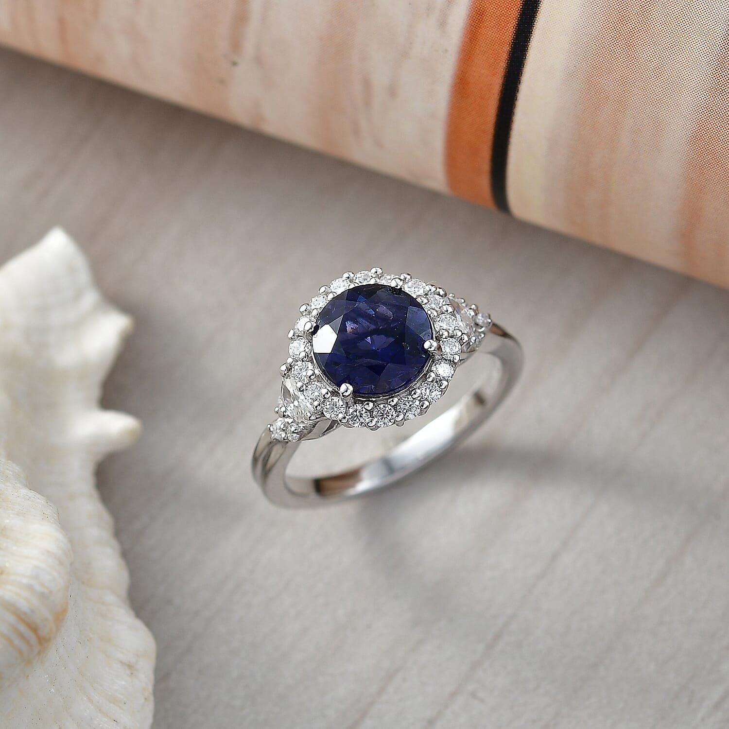 Certified and Appraised D'Joy Catalina Iolite, Moissanite Ring in Rhodium Over Sterling Silver (Size 10.0) (Del. in 7-10 Days) 1.90 ctw