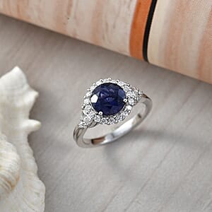 Certified and Appraised D'Joy Catalina Iolite and Moissanite 1.90 ctw Ring in Rhodium Over Sterling Silver (Size 6.0) (Del. in 7-10 Days)