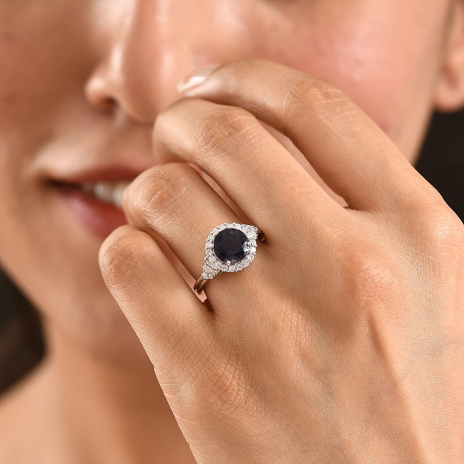 Certified and Appraised D'Joy Catalina Iolite and Moissanite 1.90 ctw Ring in Rhodium Over Sterling Silver (Size 6.0)