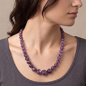 D'Joy Purple Lepidolite 300.00 ctw Beaded Necklace in Rhodium Over Sterling Silver (20 Inches)