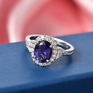 Certified and Appraised D'Joy Catalina Iolite and Moissanite 2.00 ctw Ring in Rhodium Over Sterling Silver (Size 7.0) (Del. in 7-10 Days)