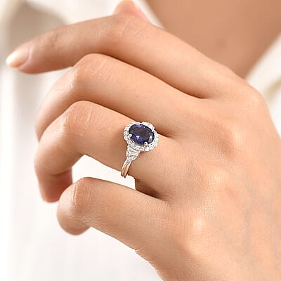 Certified and Appraised D'Joy Catalina Iolite and Moissanite 2.00 ctw Ring in Rhodium Over Sterling Silver (Size 7.0)