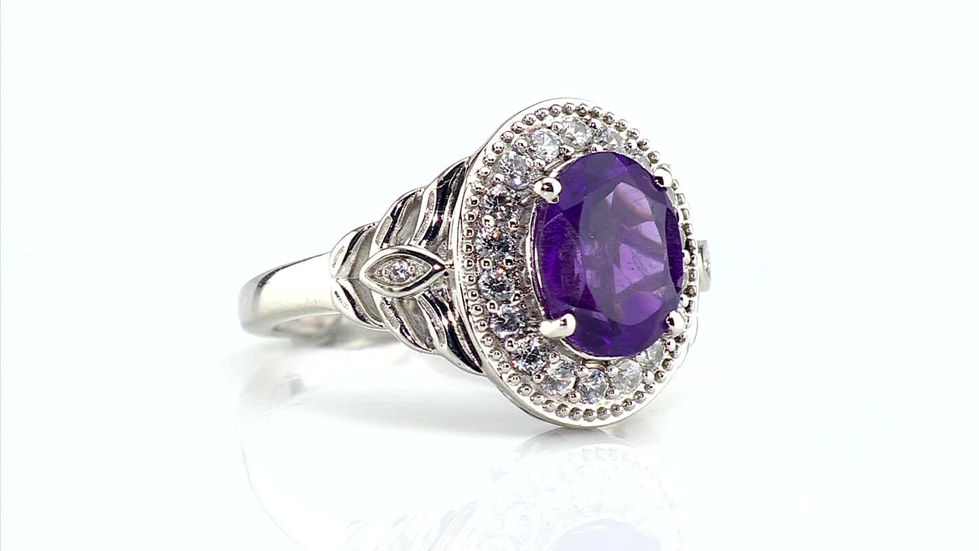EverTrue African Amethyst, White Zircon Ring in Platinum Bond (Size 10.0) 3.10 ctw