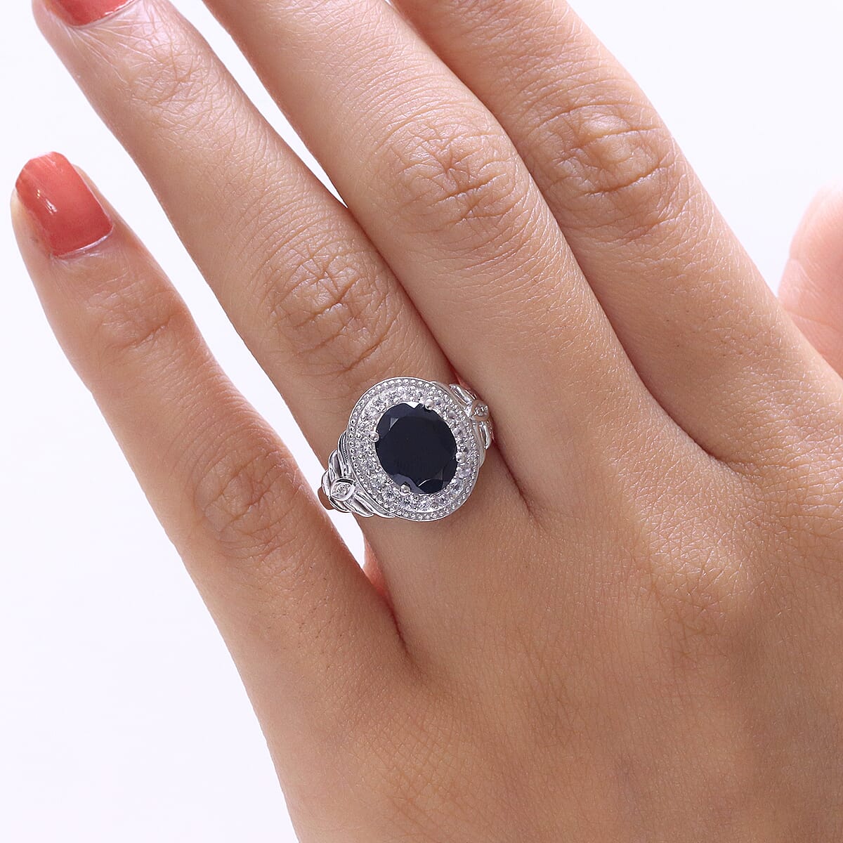 EverTrue Thai Black Spinel, White Zircon Ring in Platinum Bond (Size 10.0) 4.10 ctw image number 2