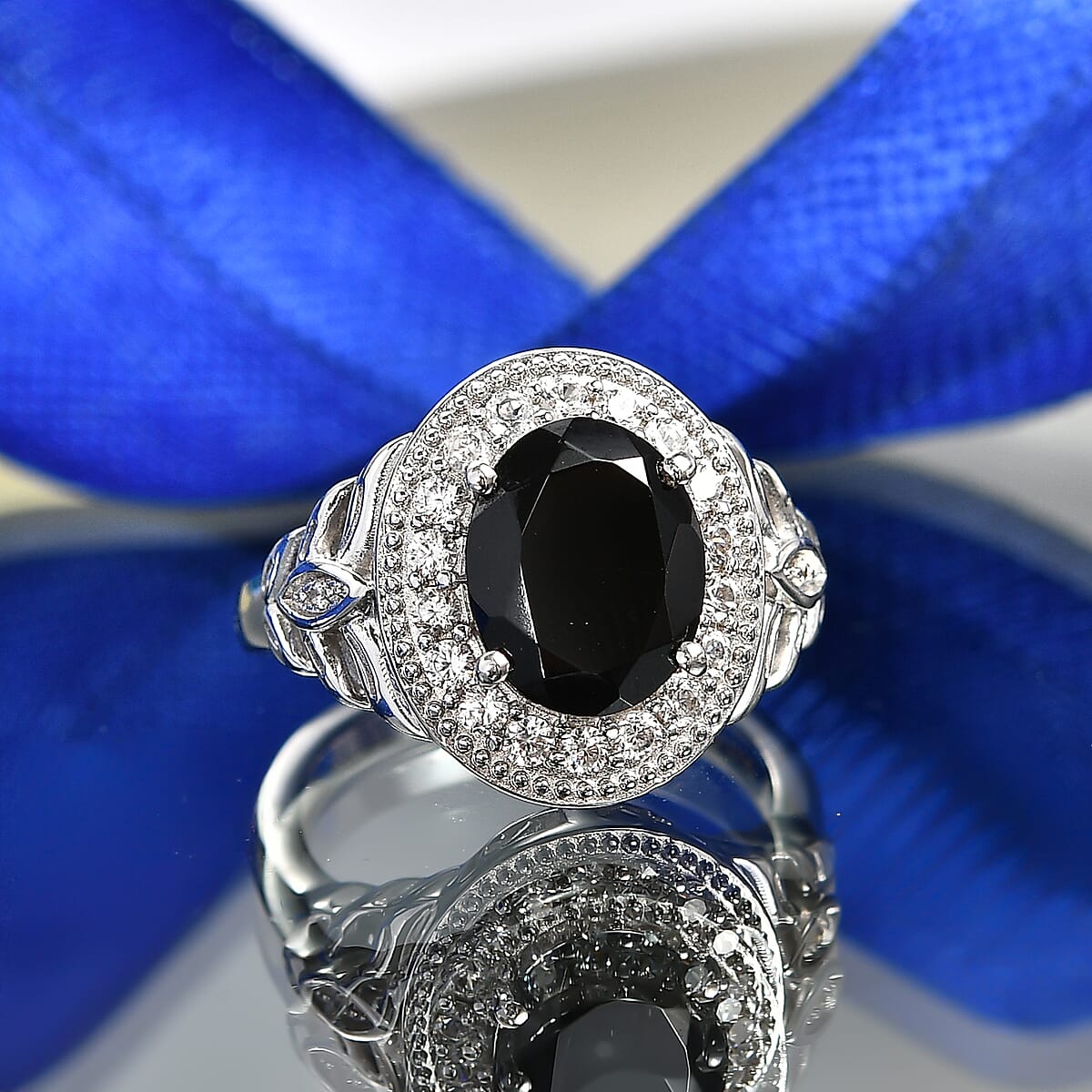 EverTrue Thai Black Spinel, White Zircon Ring in Platinum Bond (Size 10.0) 4.10 ctw image number 1