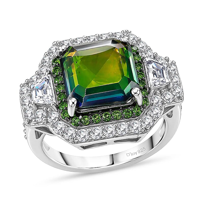 TLV D'Joy Assher Cut AAA Canadian Ammolite, Multi Gemstone Prism Frame Ring in Rhodium Over Sterling Silver (Size 5.0) 5.60 ctw