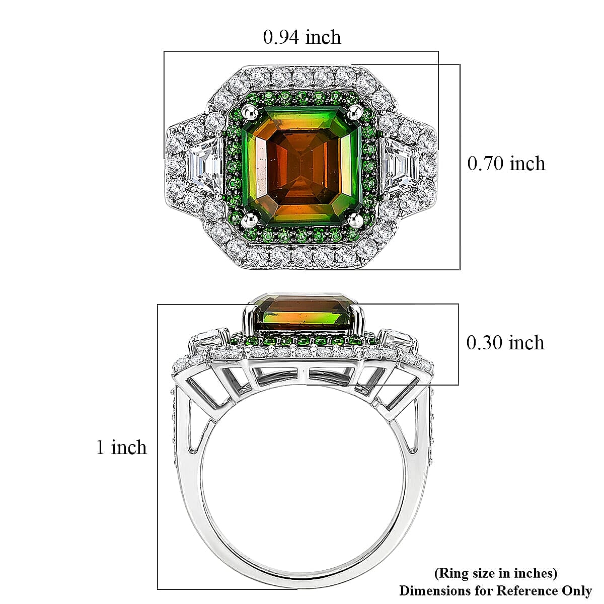 TLV D'Joy Assher Cut AAA Canadian Ammolite, Multi Gemstone Prism Frame Ring in Rhodium Over Sterling Silver (Size 5.0) 5.60 ctw