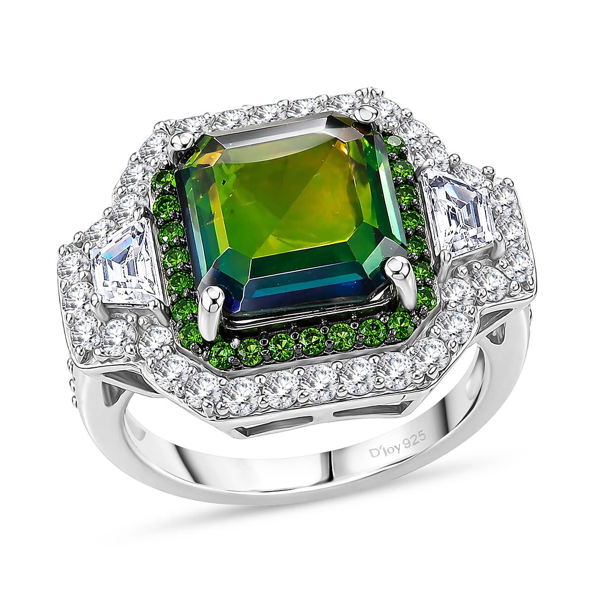 D'Joy Assher Cut AAA Canadian Ammolite and Multi Gemstone 6.10 ctw Prism Frame Ring in Rhodium Over Sterling Silver (Size 8.0)