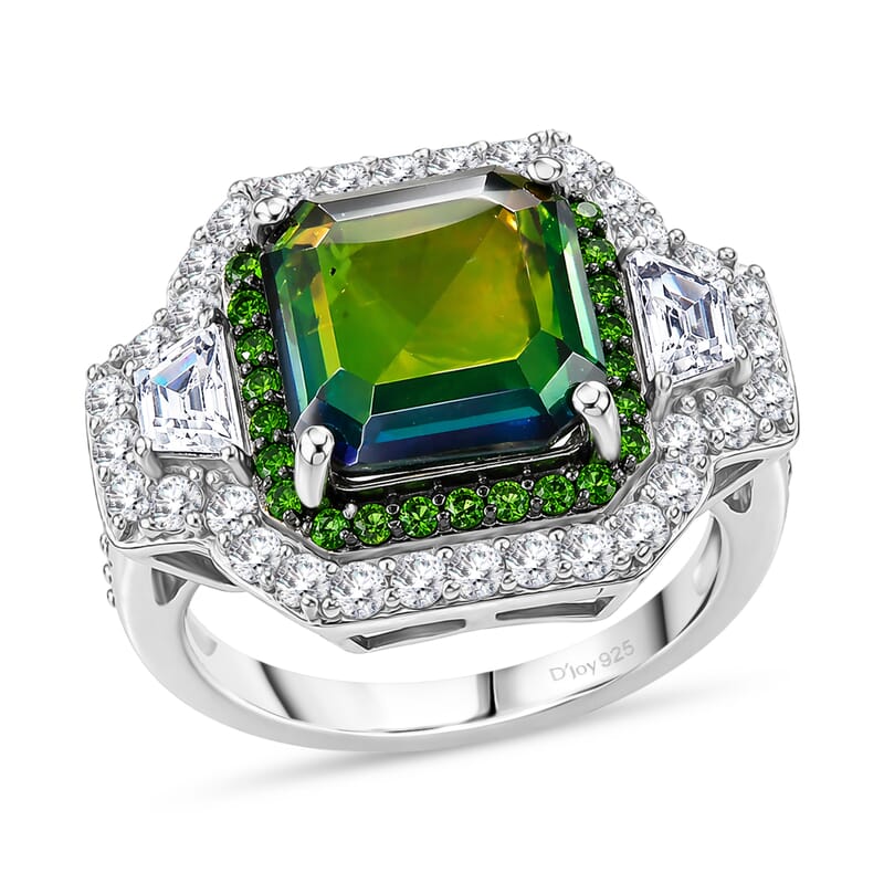 D'Joy Assher Cut AAA Canadian Ammolite and Multi Gemstone 6.10 ctw Prism Frame Ring in Rhodium Over Sterling Silver (Size 8.0)