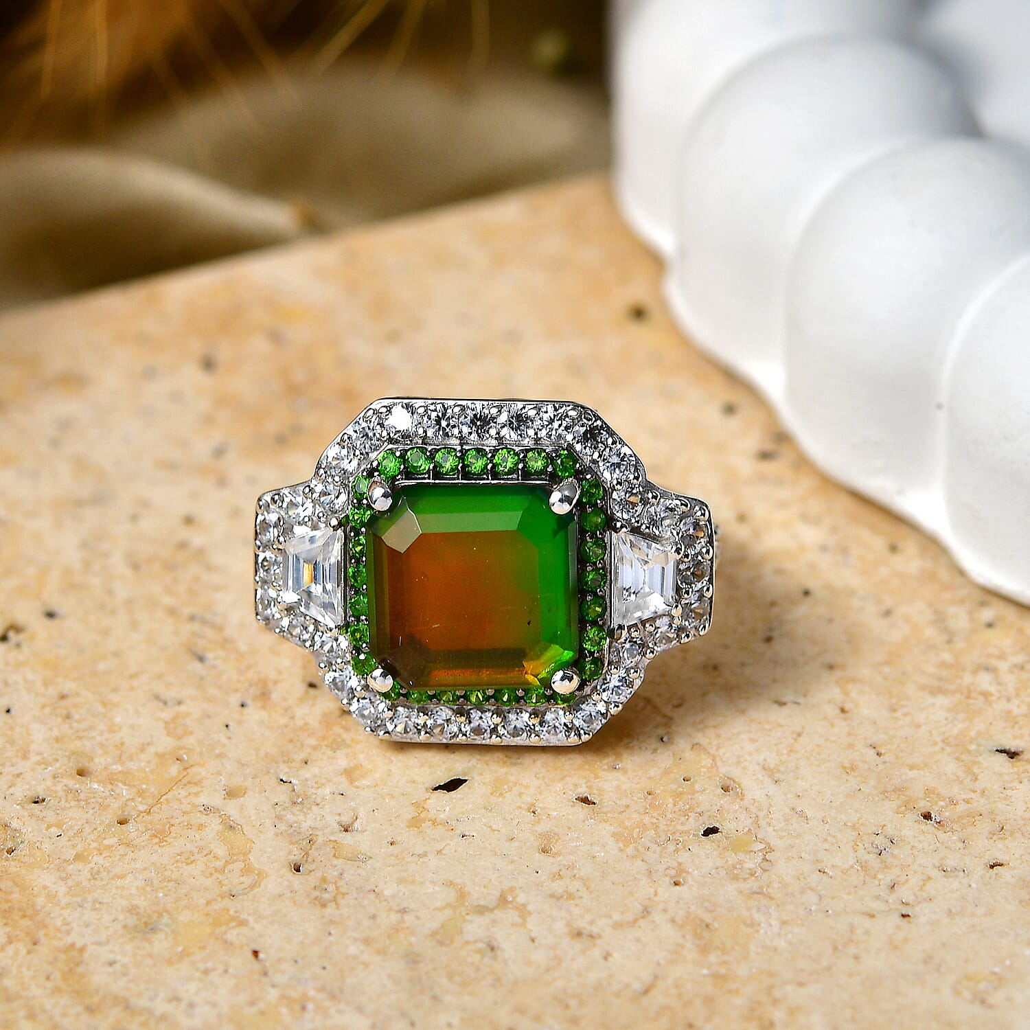 D'Joy Assher Cut AAA Canadian Ammolite and Multi Gemstone 6.10 ctw Prism Frame Ring in Rhodium Over Sterling Silver (Size 8.0)