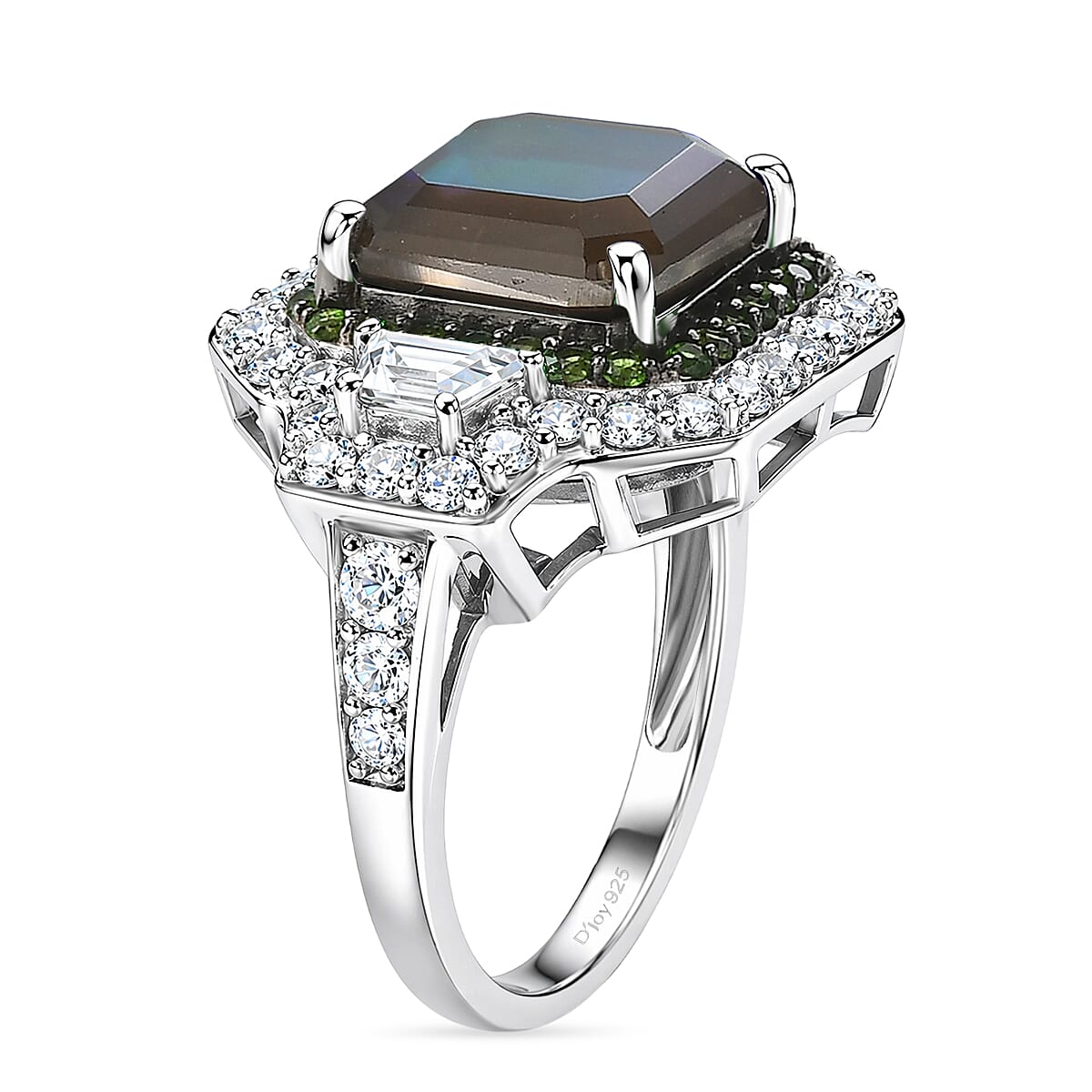 D'Joy Assher Cut AAA Canadian Ammolite and Multi Gemstone 6.10 ctw Prism Frame Ring in Rhodium Over Sterling Silver (Size 8.0)