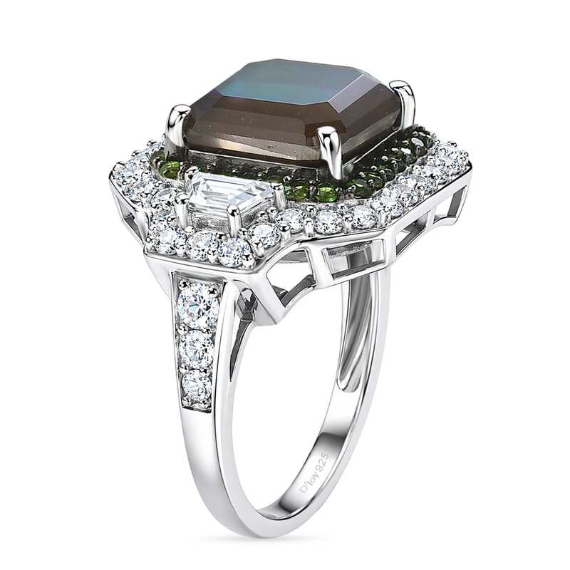 D'Joy Assher Cut AAA Canadian Ammolite and Multi Gemstone 6.10 ctw Prism Frame Ring in Rhodium Over Sterling Silver (Size 8.0)