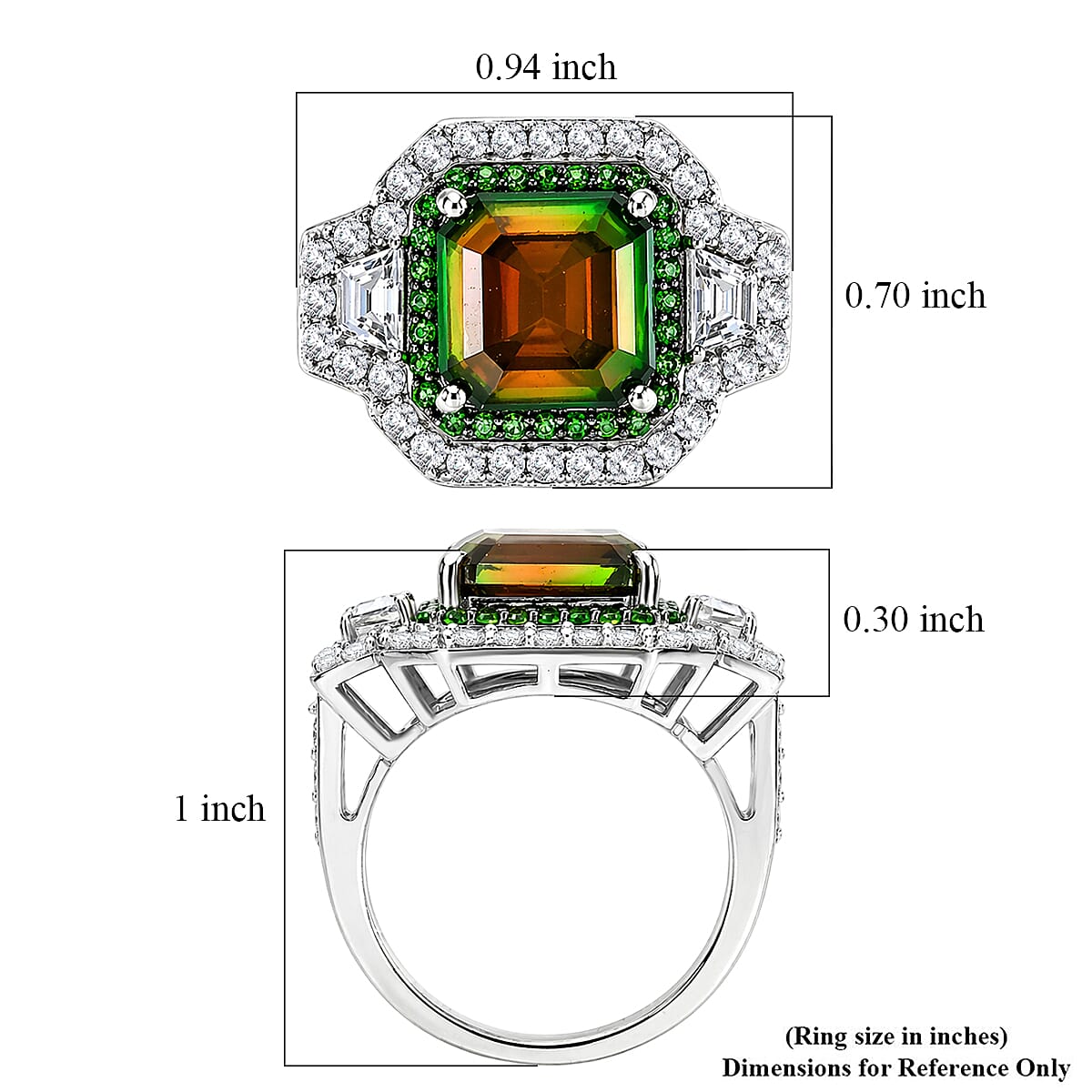 D'Joy Assher Cut AAA Canadian Ammolite and Multi Gemstone 6.10 ctw Prism Frame Ring in Rhodium Over Sterling Silver (Size 8.0)