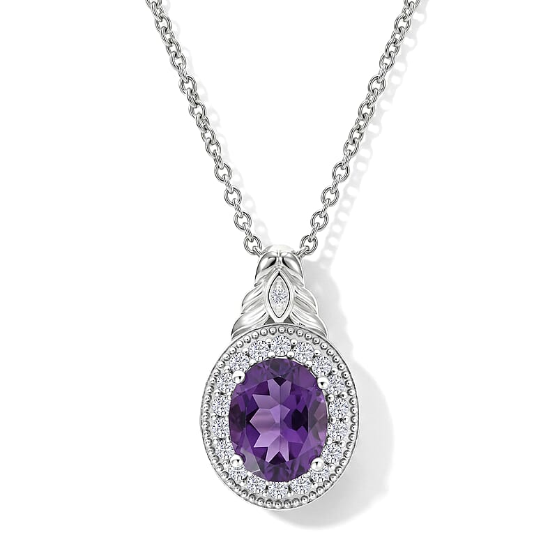 EverTrue African Amethyst ,  White Zircon  Main Stone With Side Stone Pendant in Platinum Bond 4.05 ctw