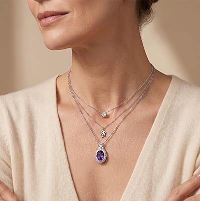 EverTrue African Amethyst ,  White Zircon  Main Stone With Side Stone Pendant in Platinum Bond 4.05 ctw