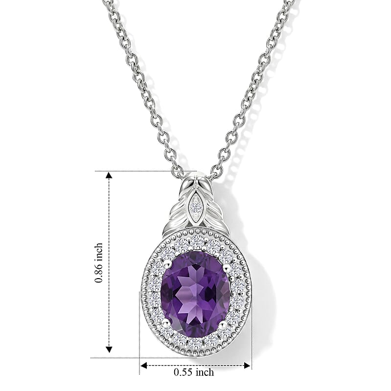 EverTrue African Amethyst ,  White Zircon  Main Stone With Side Stone Pendant in Platinum Bond 4.05 ctw
