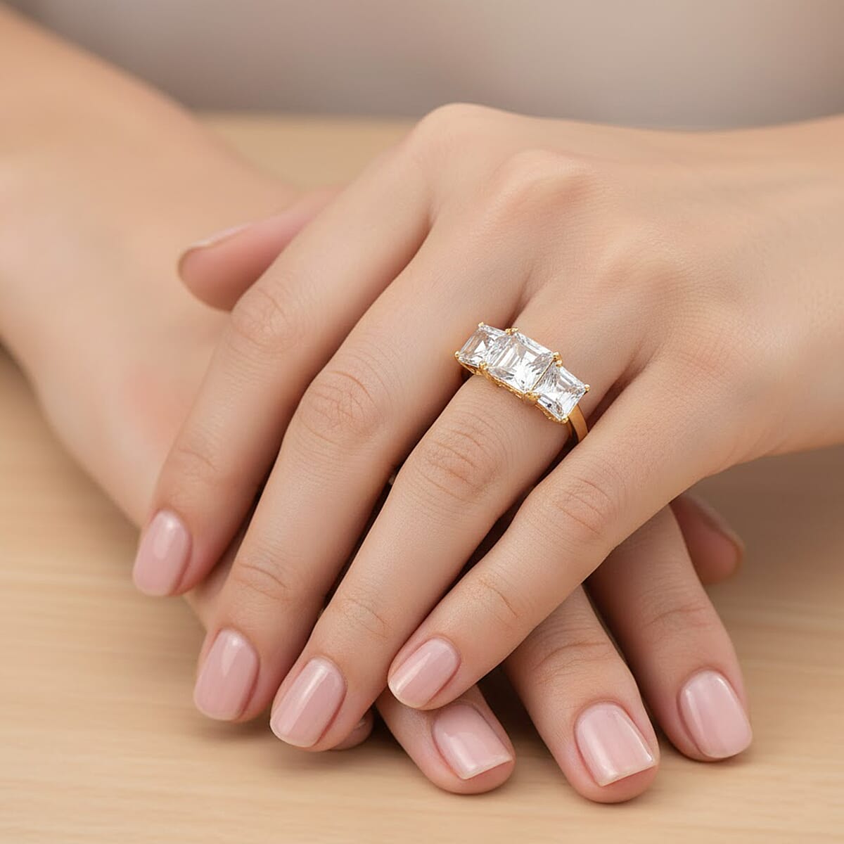 EverTrue Lab Created White Sapphire 3.25 ctw Trilogy Ring in 18K YG Plated (Size 10.0) image number 2