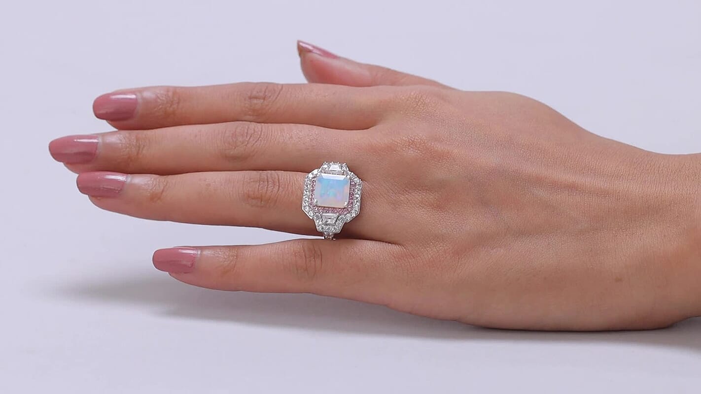 D'Joy Assher Cut AAA Canadian Ammolite and Multi Gemstone 5.60 ctw Prism Frame Ring in Rhodium Over Sterling Silver (Size 10.0)