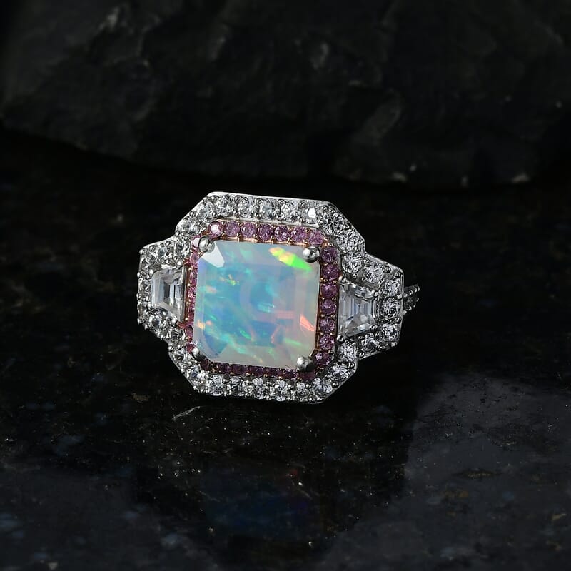 D'Joy Asscher Cut AAA Ethiopian Welo Opal and Multi Gemstone 5.50 ctw Prism Frame Ring in Rhodium Over Sterling Silver (Size 5.0)
