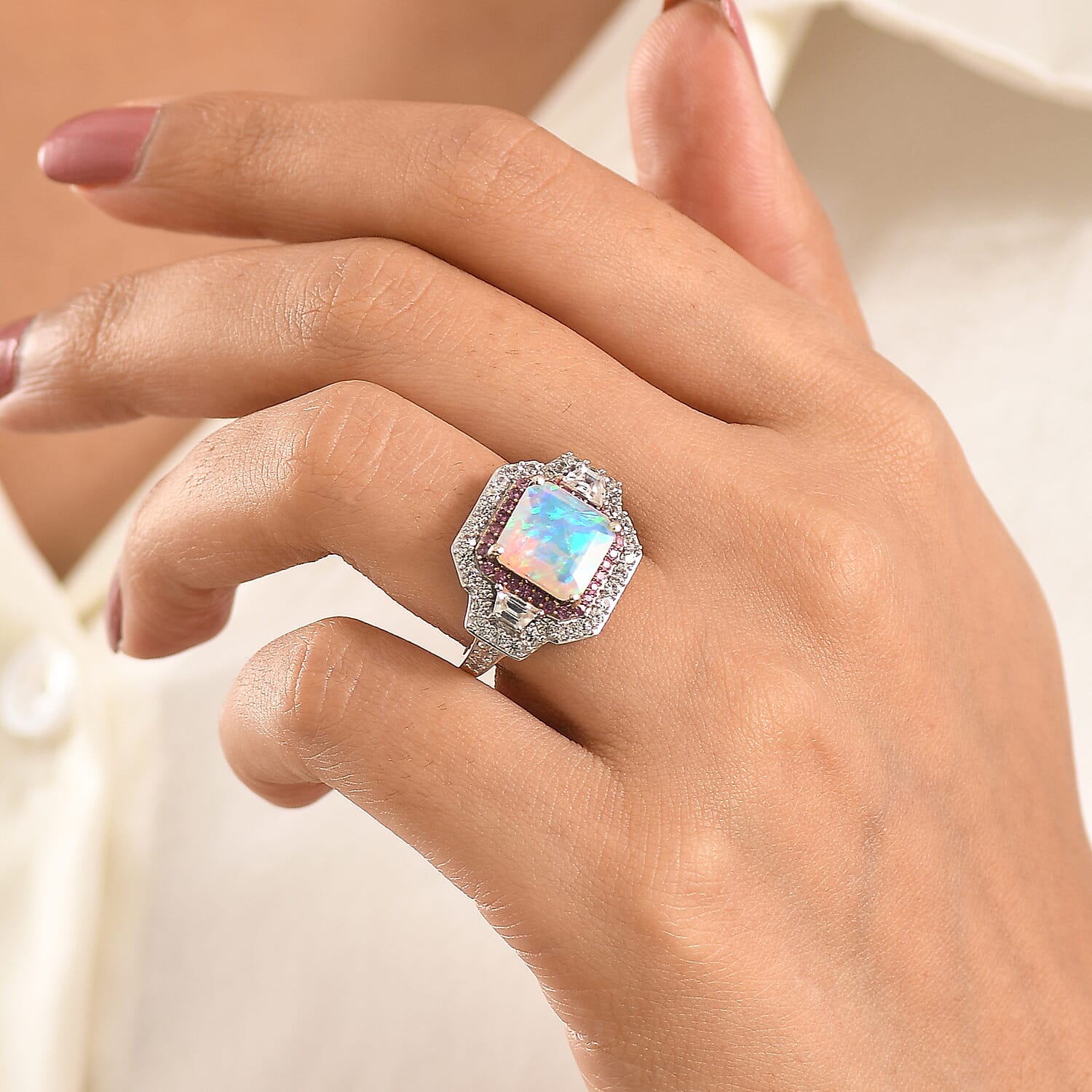 D'Joy Asscher Cut AAA Ethiopian Welo Opal and Multi Gemstone 5.50 ctw Prism Frame Ring in Rhodium Over Sterling Silver (Size 5.0)